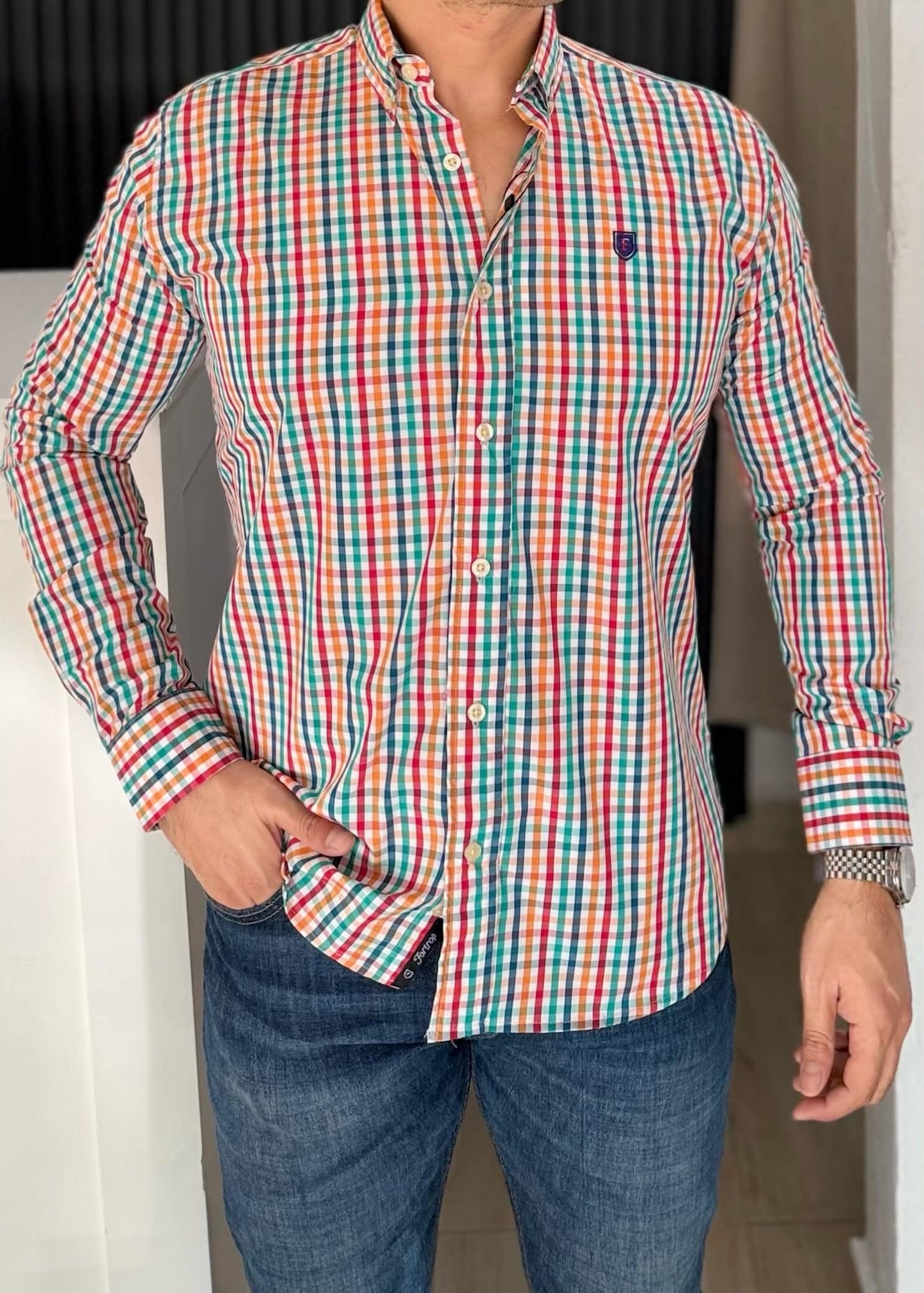 Camisa Manga Larga de Minicuadros Multicolor en Algodón con Bambú | Fresca y Ligera