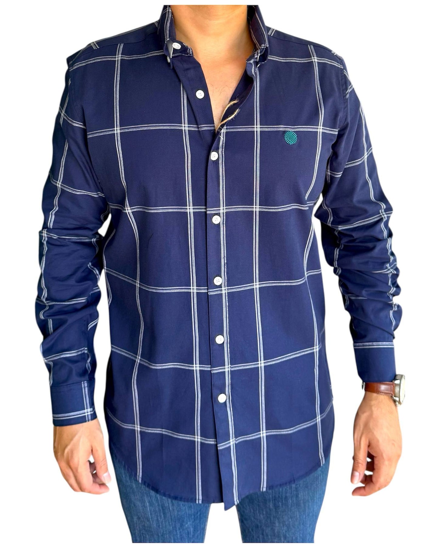 Camisa De Manga Larga Azul Marino A Cuadros MR-1441