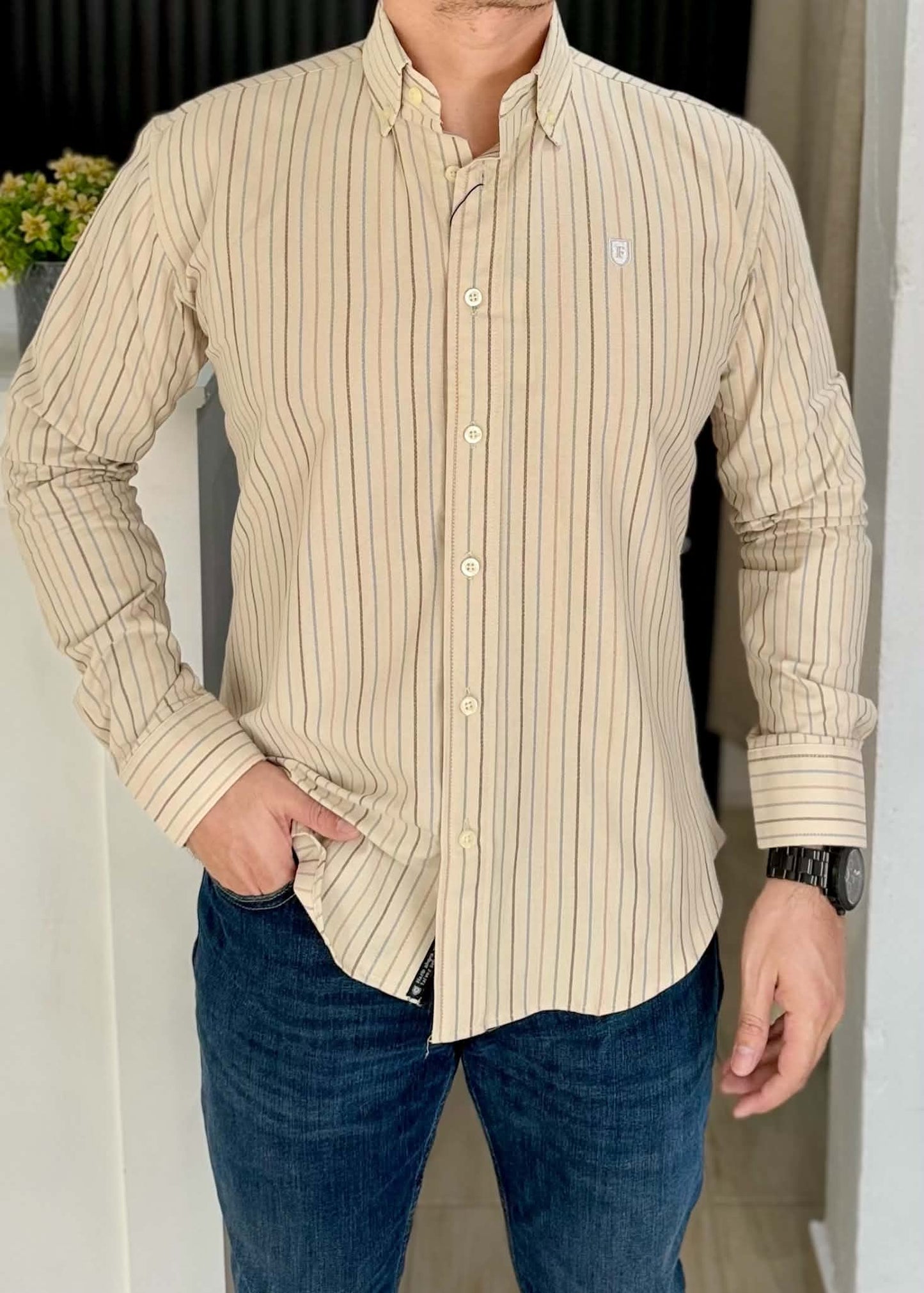 Camisa Manga Larga a Rayas Beige de Algodón para Hombre | Elegante y cómoda