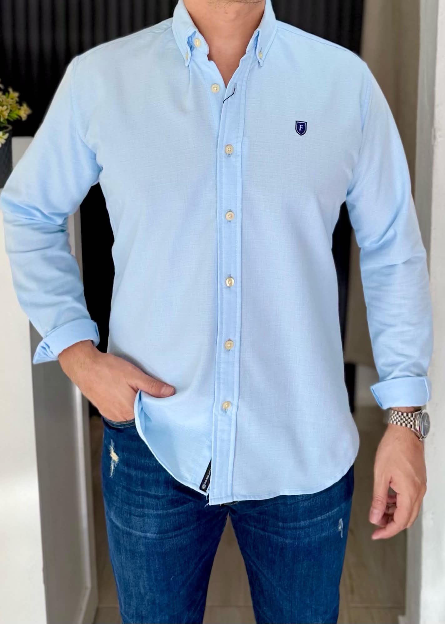 Camisa Manga Larga Azul Cielo de Lino para Hombre | Fresca, Ligera y Cómoda