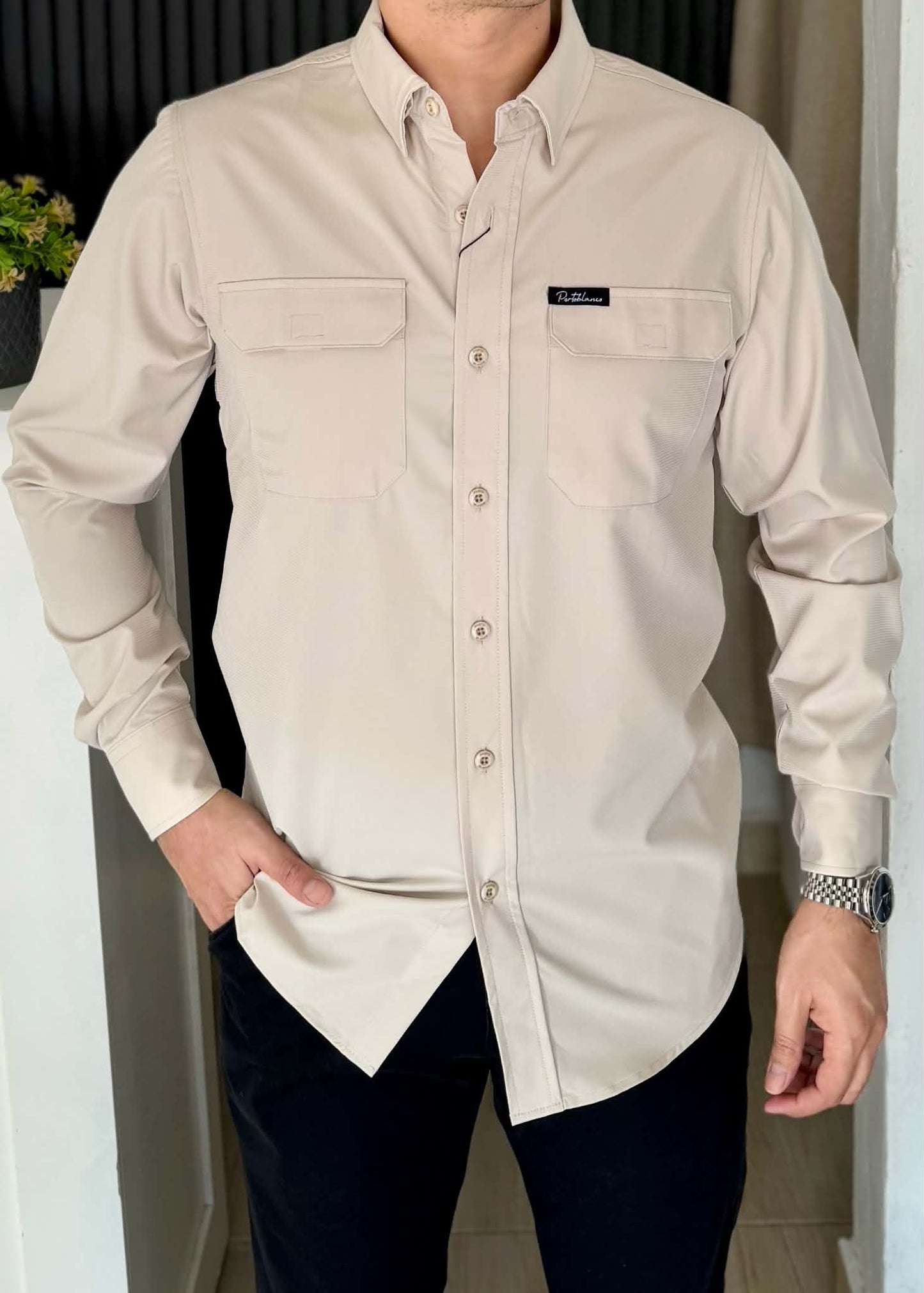 Camisa Fisher Hombre Manga Larga Beige Alto Rendimiento
