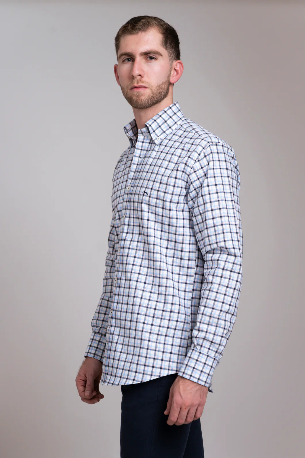 Camisa Oxford Cuadro Azul Cielo Manga Larga