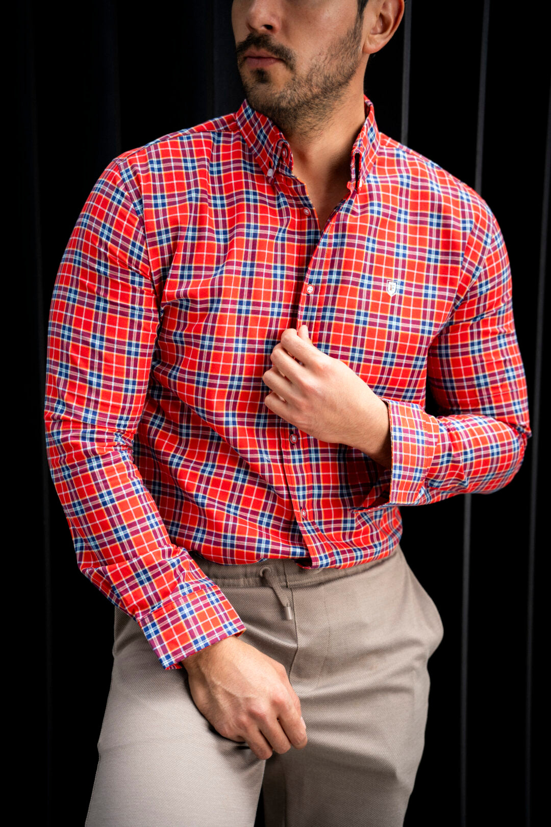 Camisa de Manga Larga A Cuadros Rojos Y Marino FOR 3111