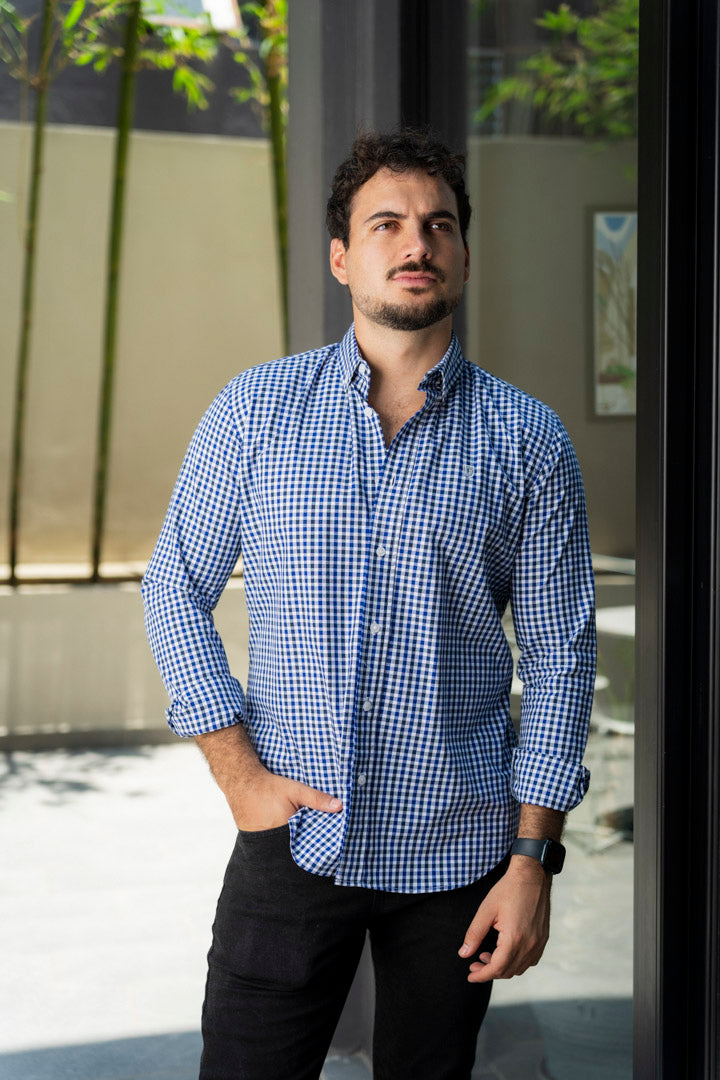 Camisa de Manga Larga Minicuadros Azul FOR 3203