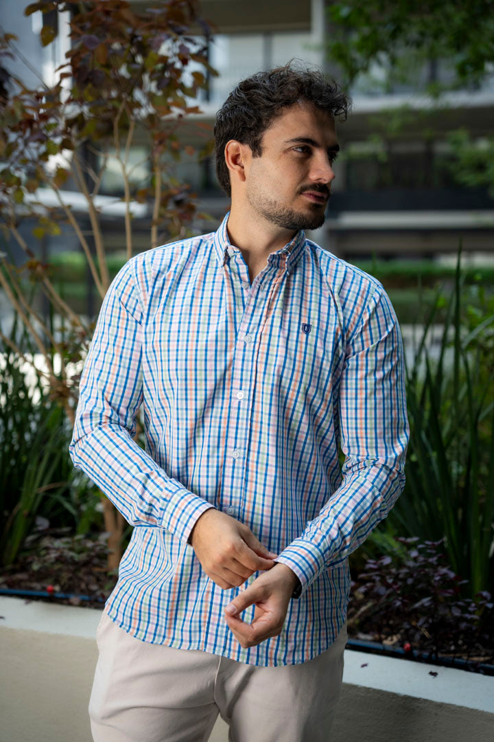 Camisa de Manga Larga Minicuadros Verde, naranja, cielo y rosa FOR 3205