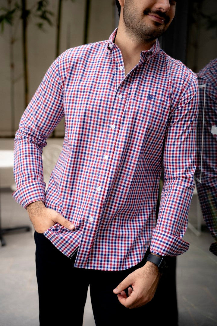 Camisa de Manga Larga Mini Cuadros Rojo, Azul FOR3266