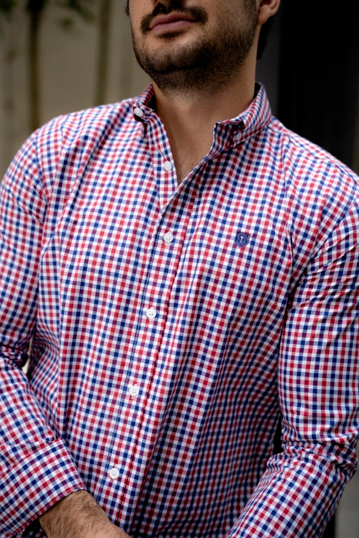 Camisa de Manga Larga Mini Cuadros Rojo, Azul FOR3266