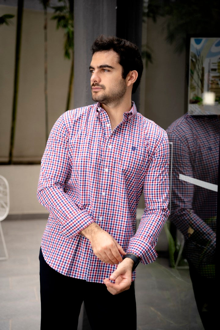 Camisa de Manga Larga Mini Cuadros Rojo, Azul FOR3266