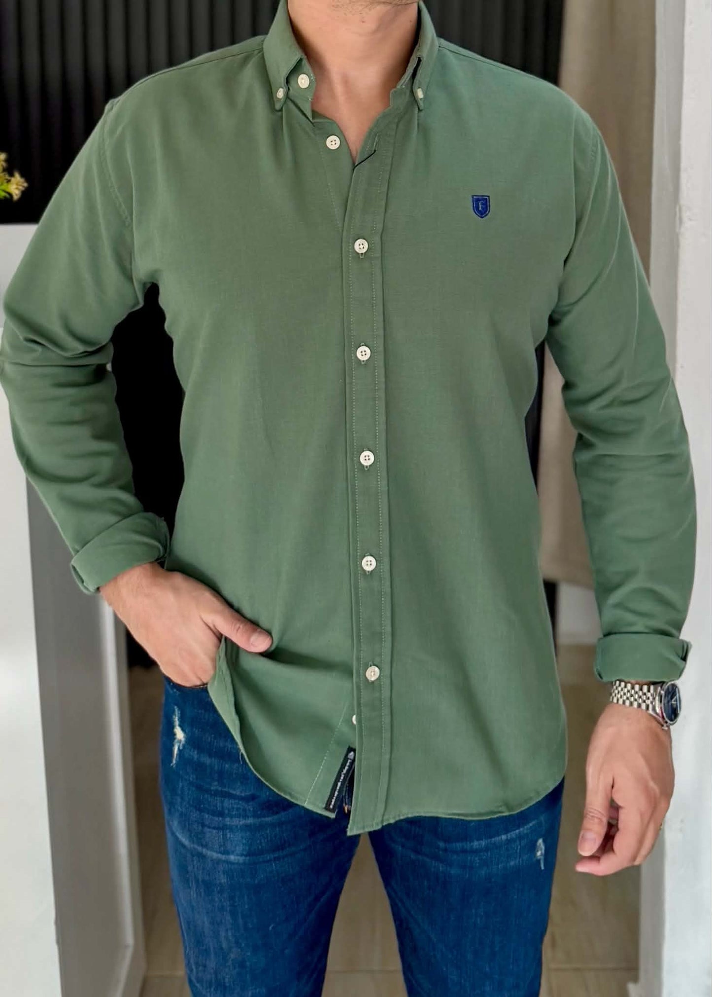 Camisa Manga Larga Verde de Lino para Hombre | Fresca, Transpirable y Cómoda
