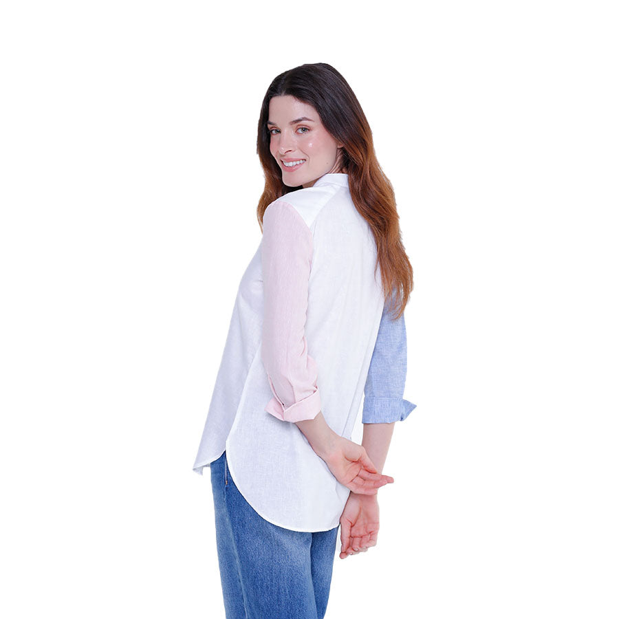 Camisa de Dama Elegante Manga Larga Algodón Bloque de colores