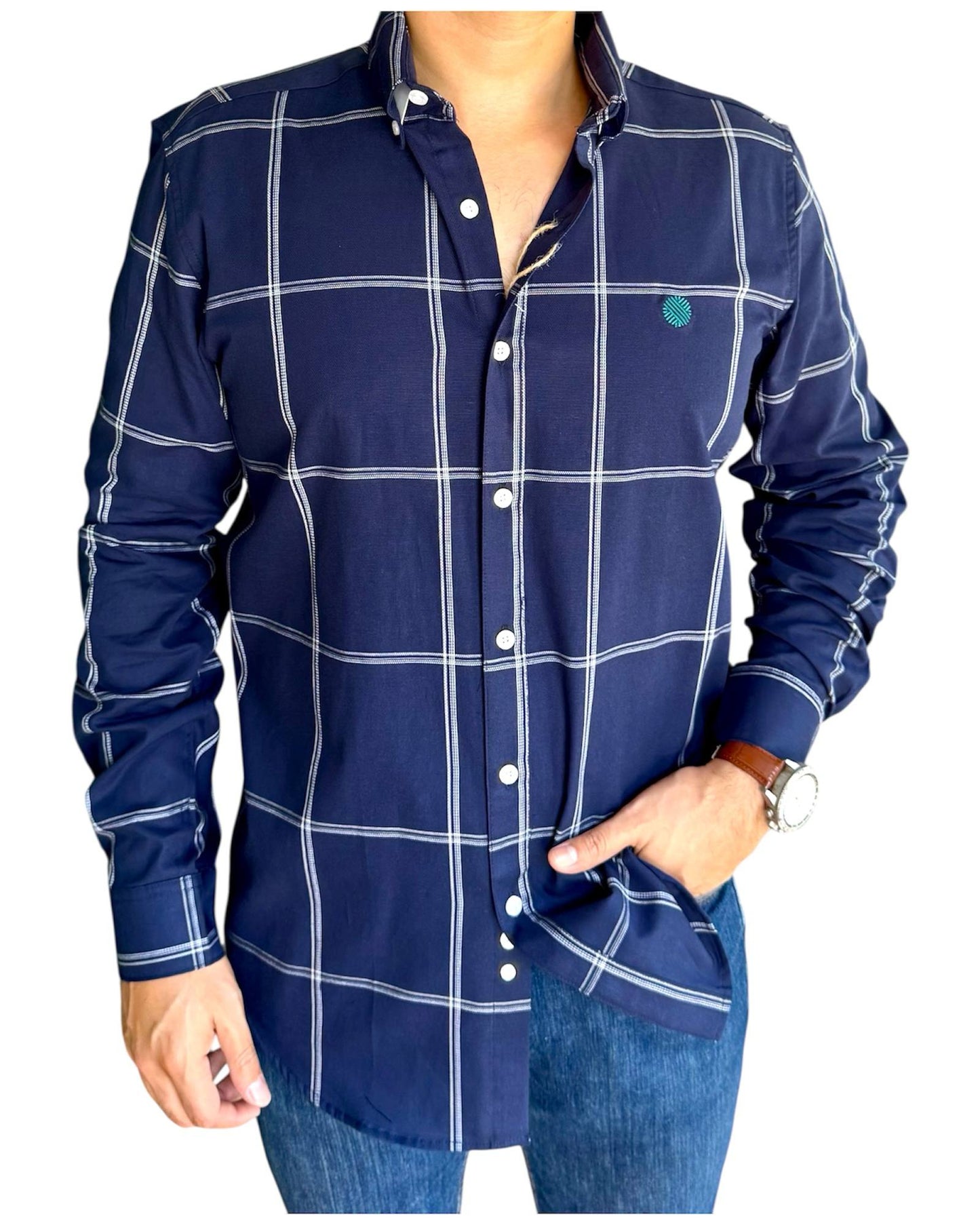 Camisa De Manga Larga Azul Marino A Cuadros MR-1441