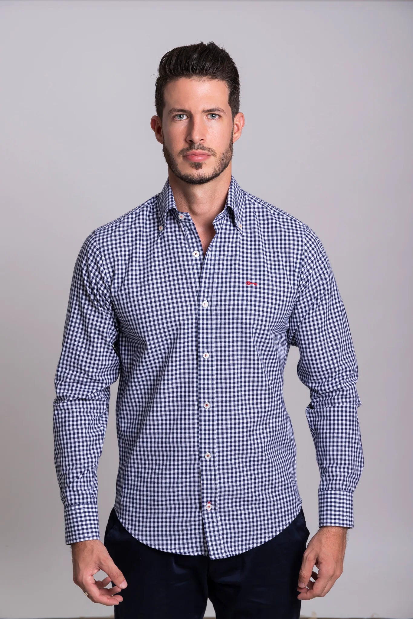 Camisa Cuadro Pequeño Marino Manga Larga