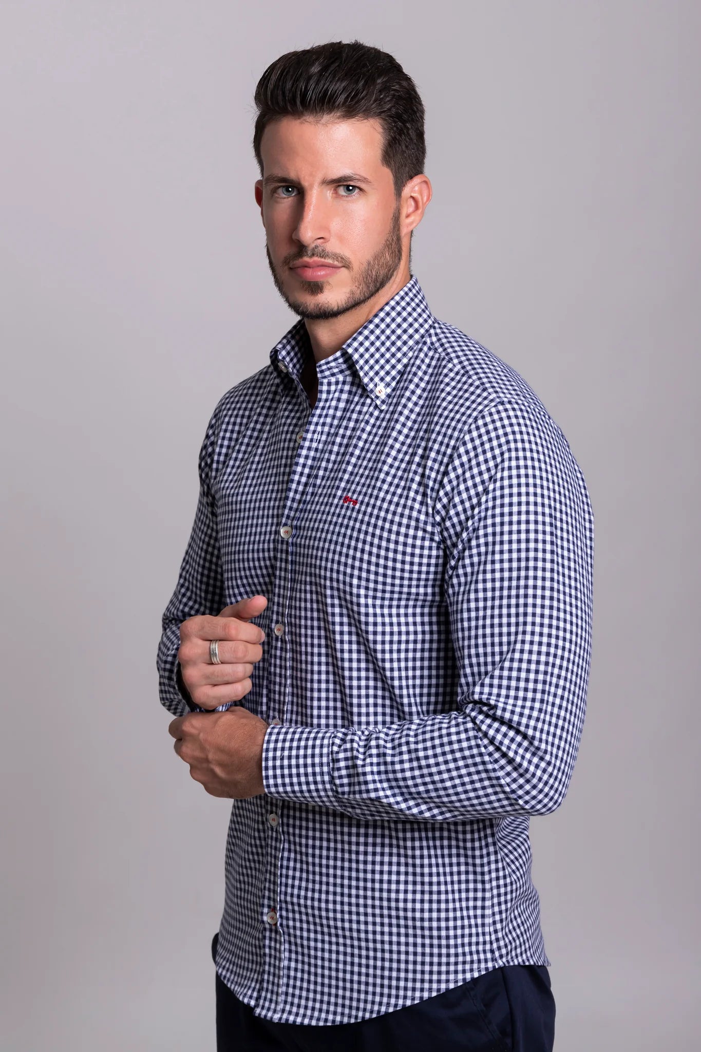 Camisa Cuadro Pequeño Marino Manga Larga