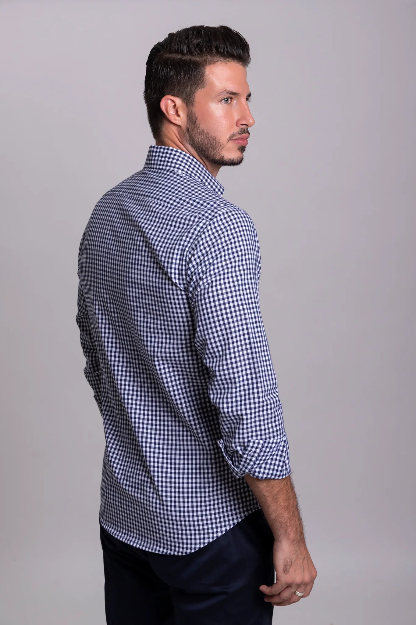 Camisa Cuadro Pequeño Marino Manga Larga