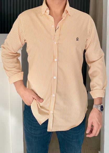 Camisa Manga Larga a Rayas Amarillas de Algodón para Hombre