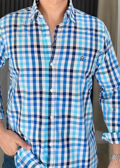 Camisa Manga Larga a Cuadros Azules de Algodón