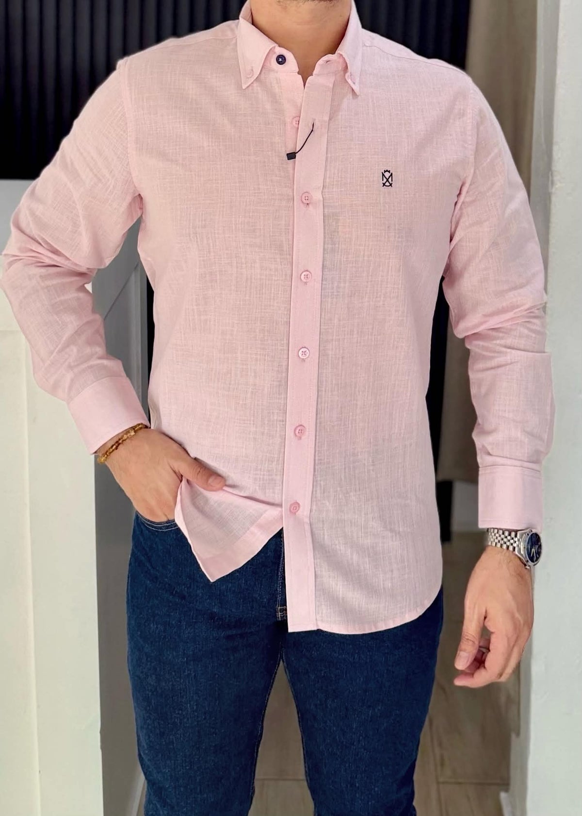 Camisa Manga Larga Color Rosa de Lino