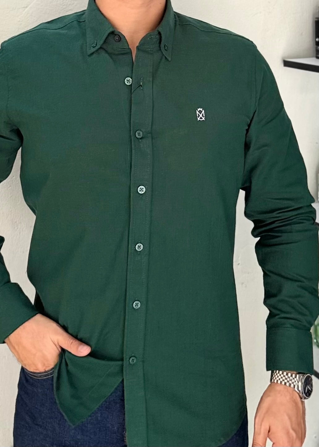 Camisa Manga Larga Color Verde Botella de Lino