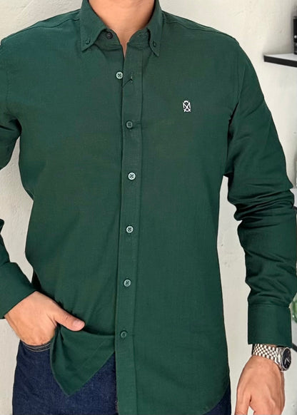 Camisa Manga Larga Color Verde Botella de Lino