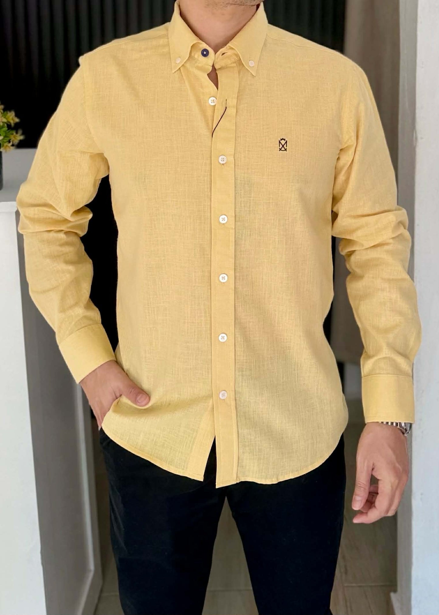 Camisa De Manga Larga LINO AMARILLO Para Hombre | Fresca y elegante