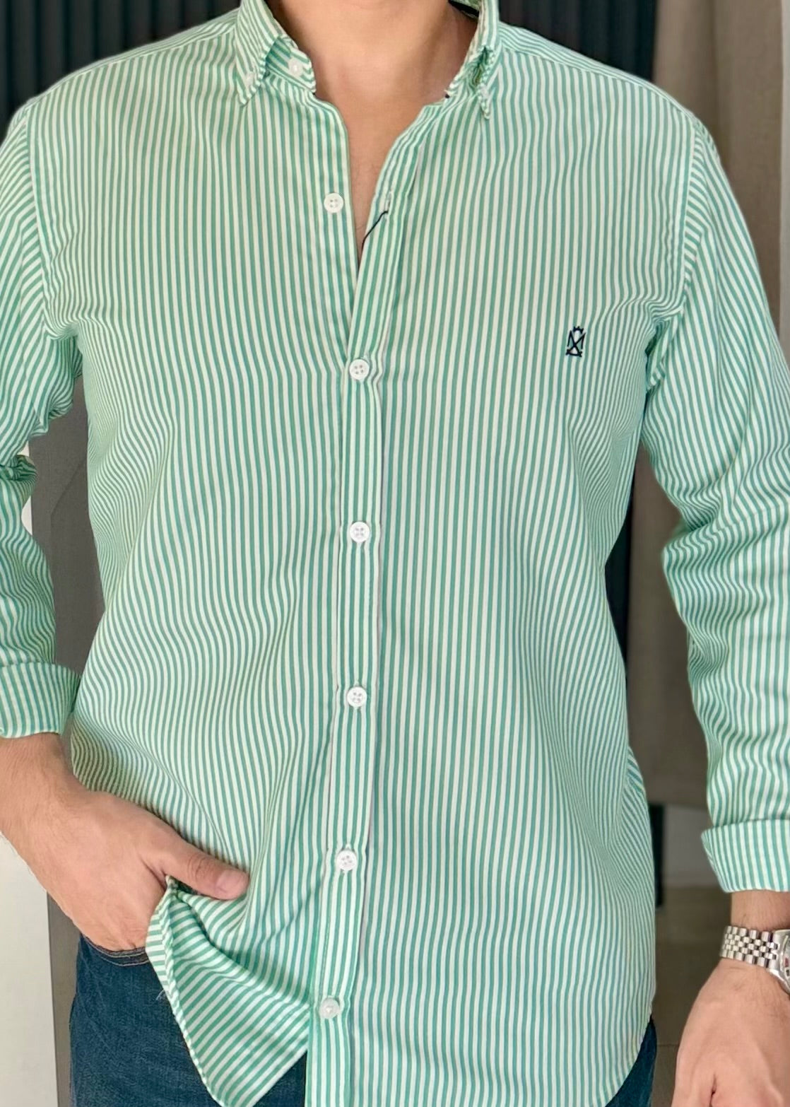 Camisa Manga Larga a Rayas Verdes de Algodón para Hombre