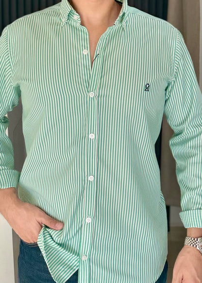 Camisa Manga Larga a Rayas Verdes de Algodón para Hombre