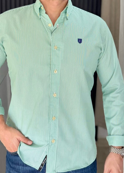 Camisa Manga Larga a Rayas Verdes de Algodón