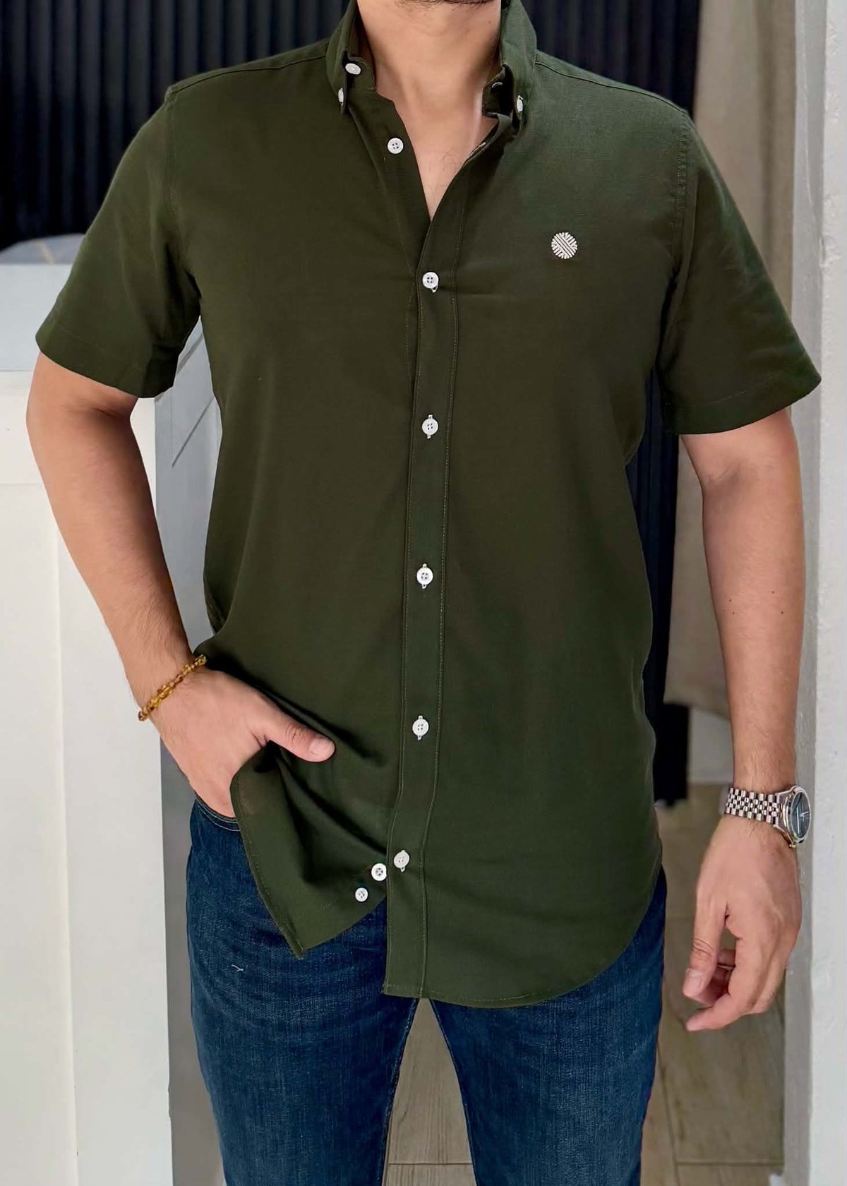 Camisa Manga Corta Color Verde Militar