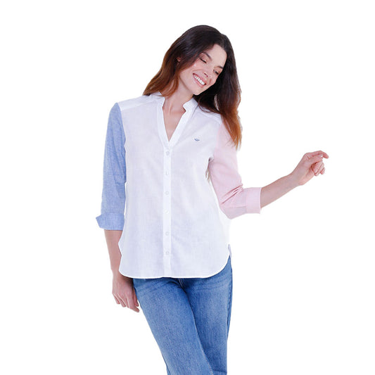 Camisa de Dama Elegante Manga Larga Algodón Bloque de colores