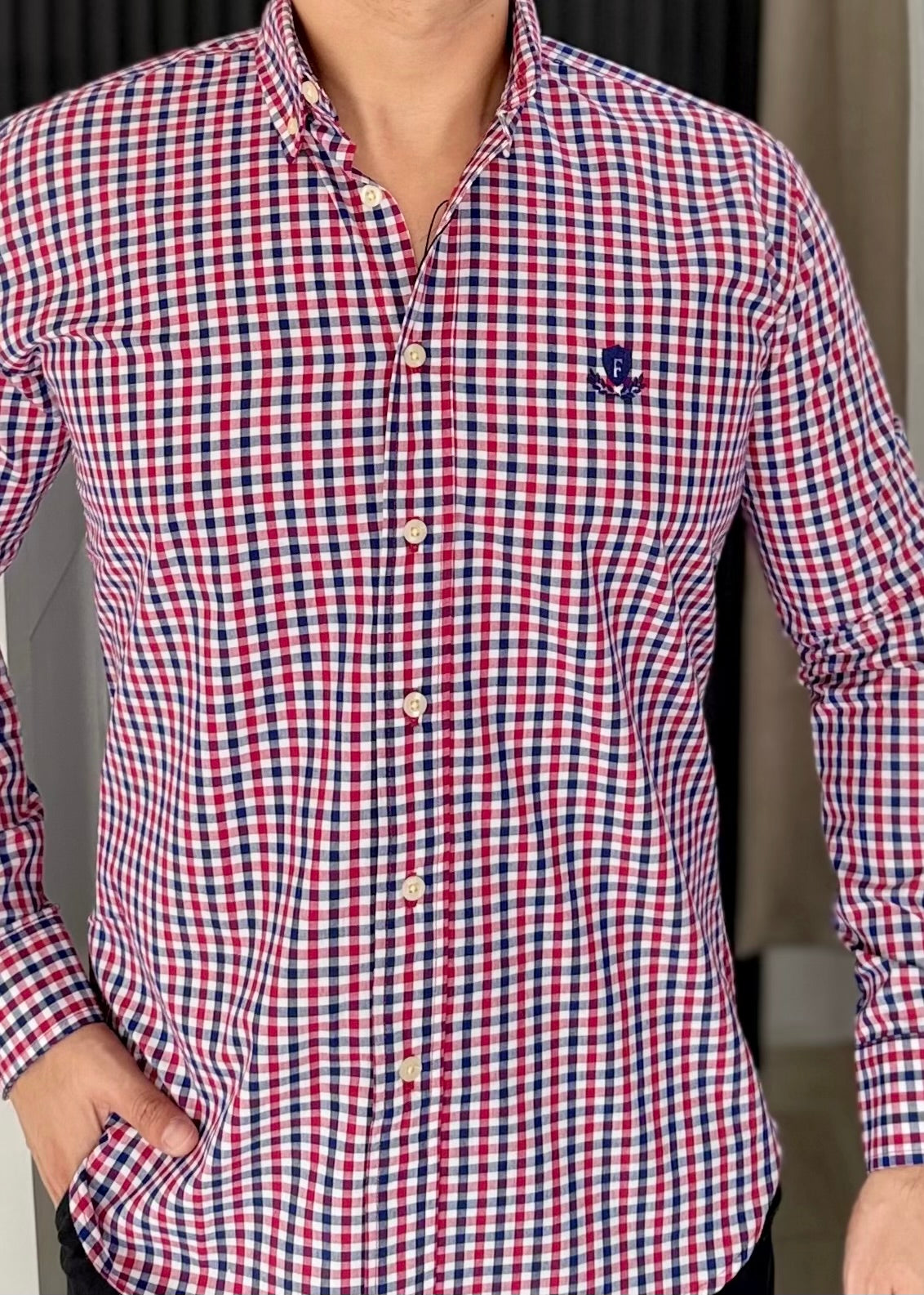 Camisa Manga Larga de Minicuadros Rojo y Azul en Algodón