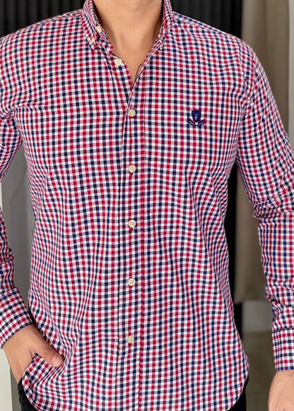 Camisa Manga Larga de Minicuadros Rojo y Azul en Algodón