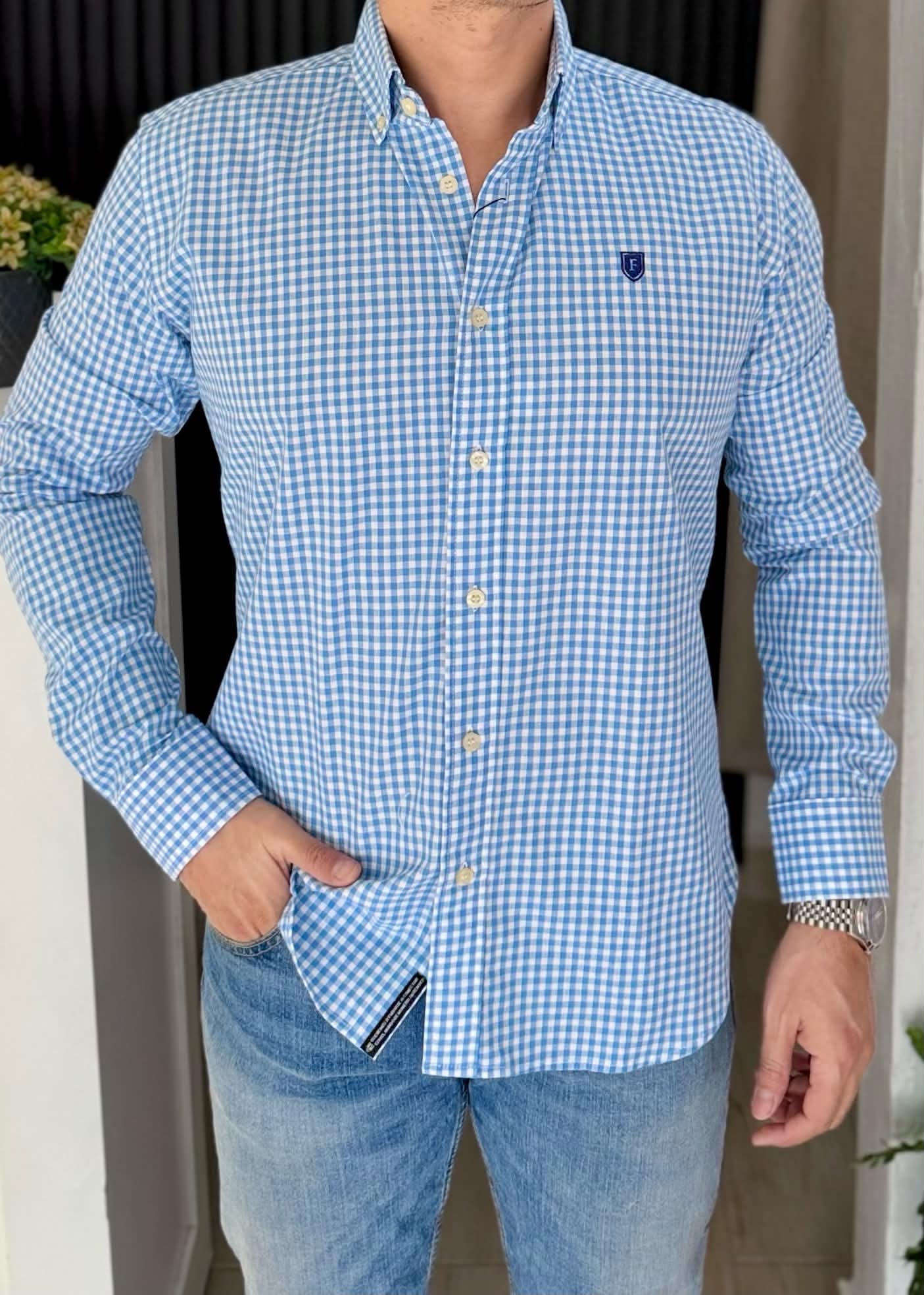 Camisa De Manga Larga ALGODÓN CUADROS AZUL CIELO Para Hombre | Elegante y cómoda