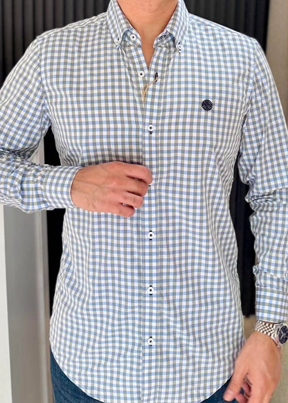 Camisa de Manga Larga Corte Fit MiniCuadros Grises