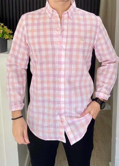 Camisa De Manga Larga Lino Multicuadros