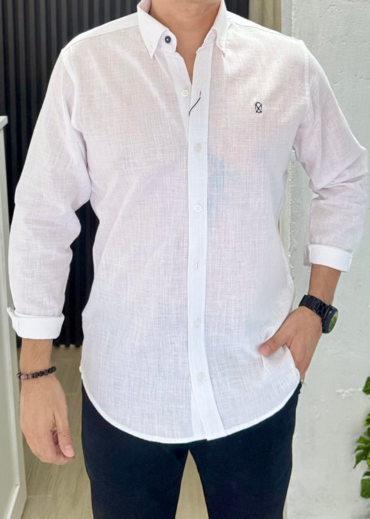 Camisa De Manga Larga Lino Blanco Hombre