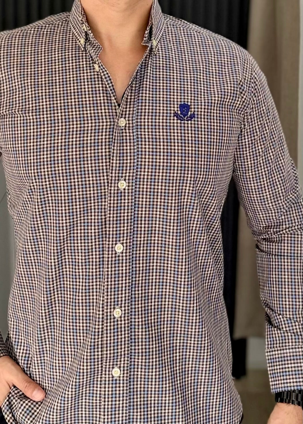 Camisa Manga Larga de Minicuadros Azul Cielo y Café en Algodón