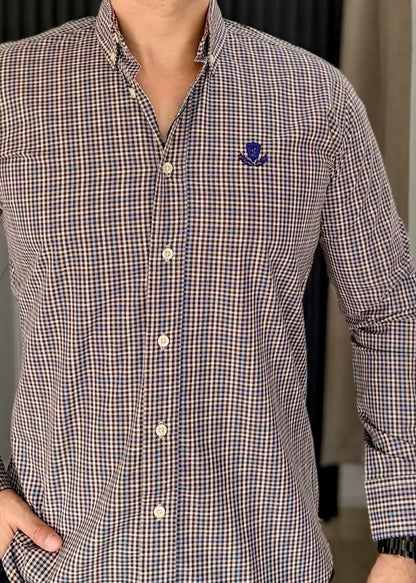 Camisa Manga Larga de Minicuadros Azul Cielo y Café en Algodón