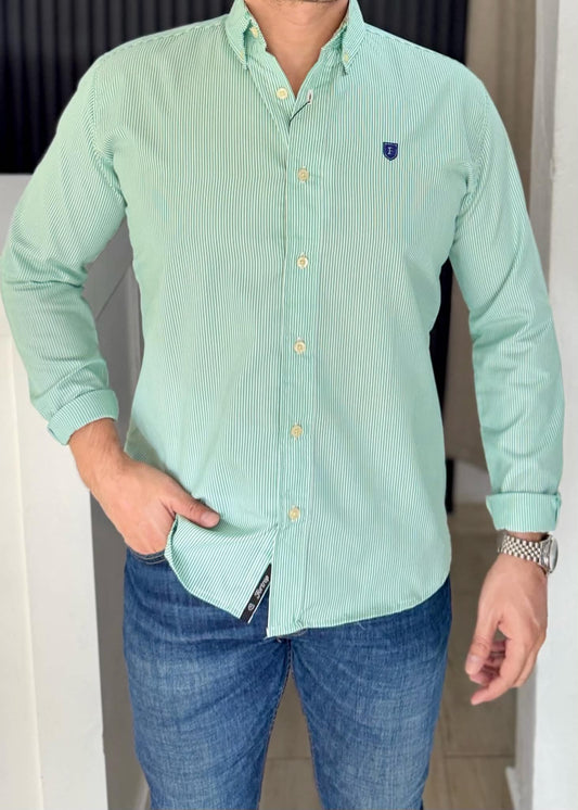 Camisa Manga Larga a Rayas Verdes de Algodón
