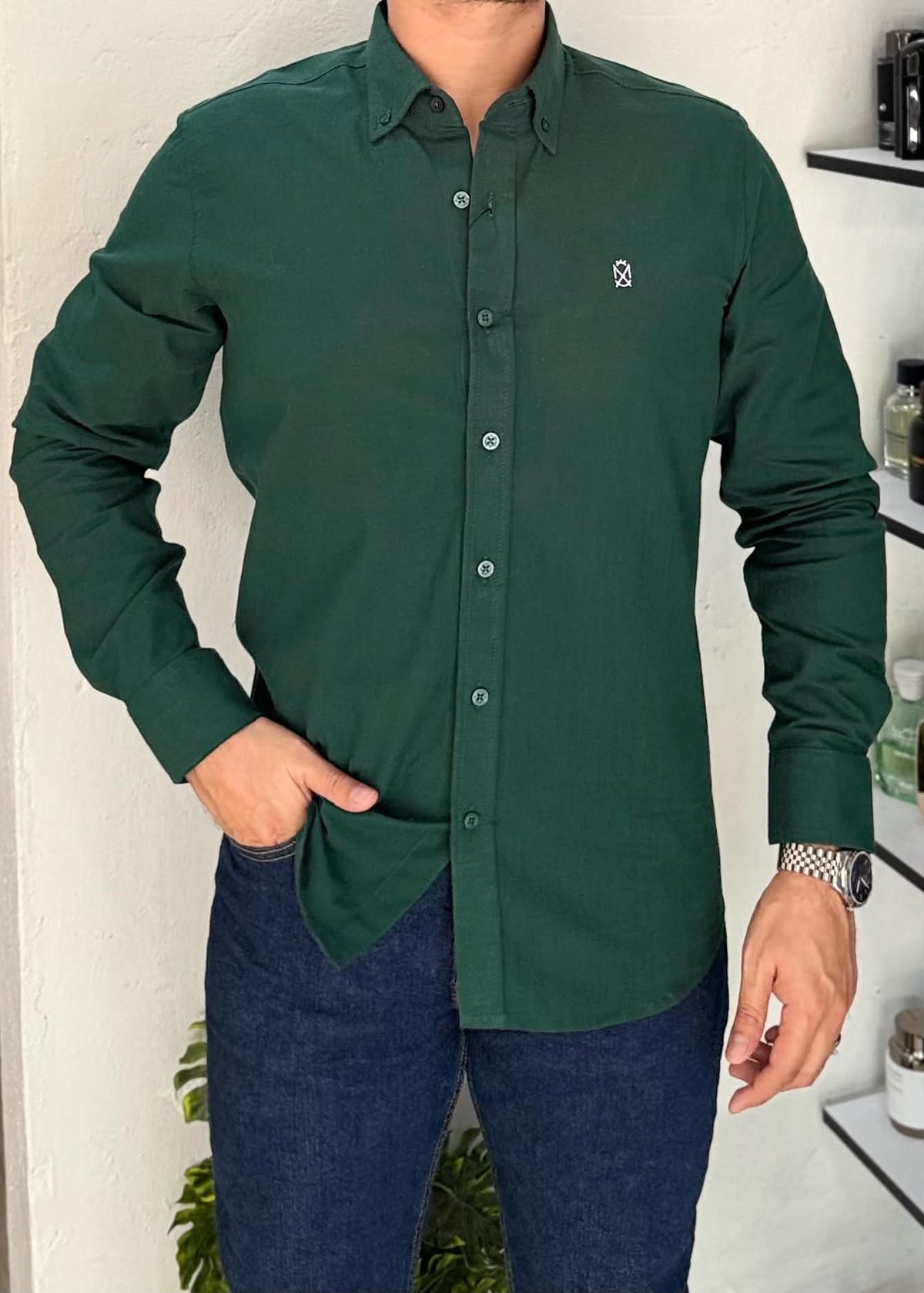 Camisa Manga Larga Color Verde Botella de Lino