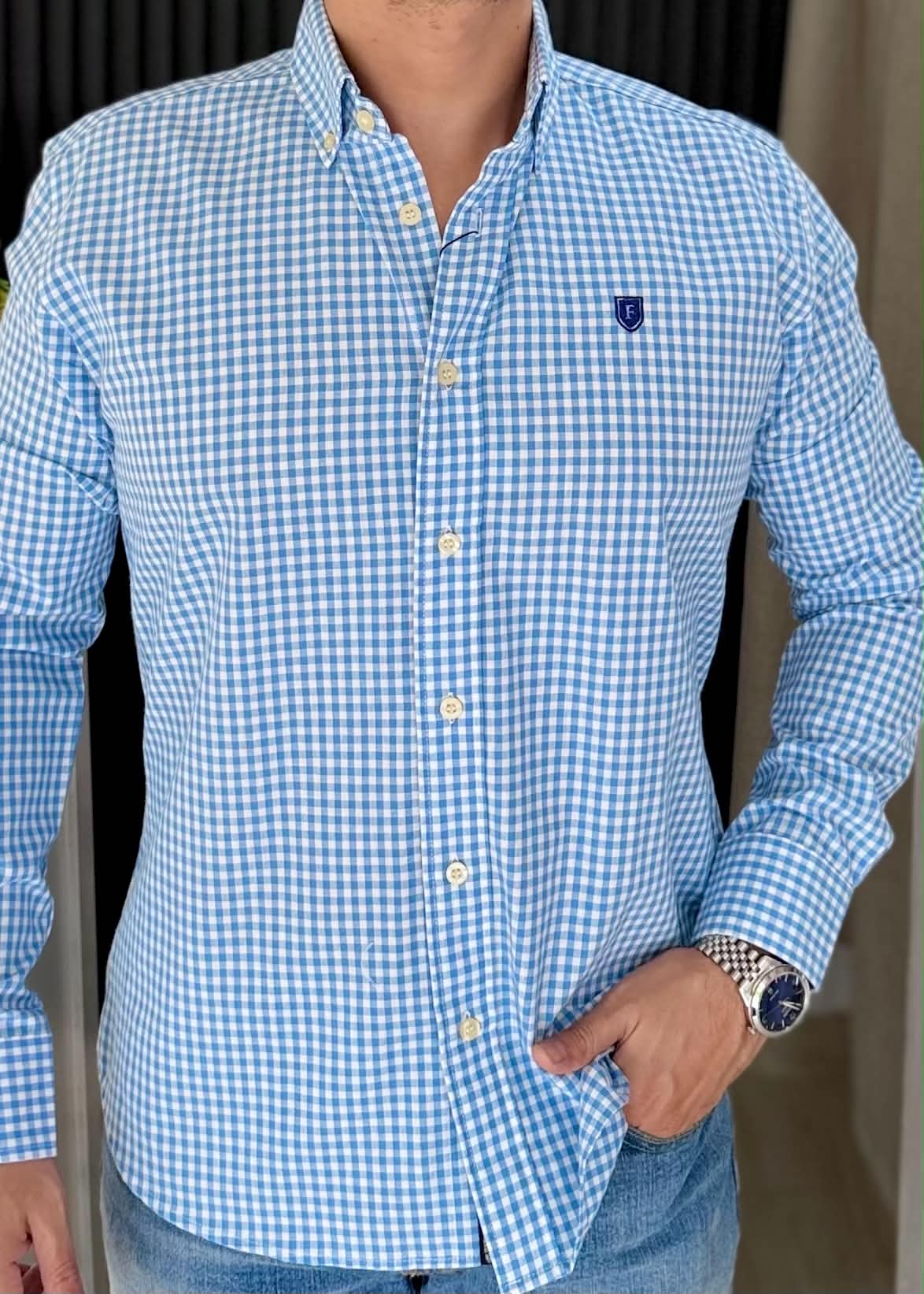 Camisa De Manga Larga ALGODÓN CUADROS AZUL CIELO Para Hombre | Elegante y cómoda