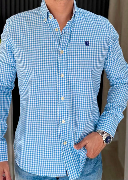 Camisa De Manga Larga ALGODÓN CUADROS AZUL CIELO Para Hombre | Elegante y cómoda