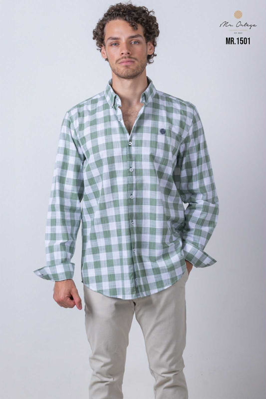 Camisa De Manga Larga A Cuadros Verdes MR-1501