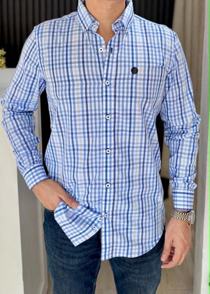 Camisa de Manga Larga Corte Fit MiniCuadros Azules
