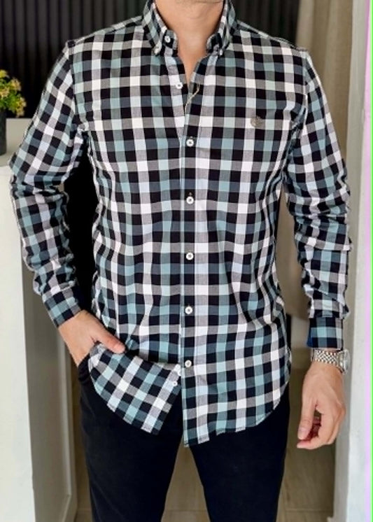 Camisa Corte Fit Cuadros Negro,Blanco,Azul | Frescura en cada detalle