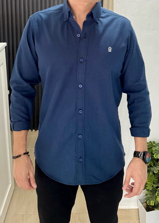 Camisa De Manga Larga Lino Marino Hombre