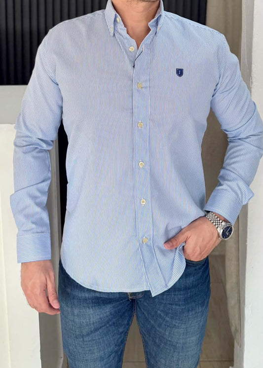 Camisa Manga Larga a Rayas Azules de Algodón