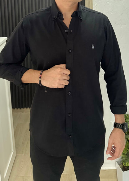Camisa De Manga Larga Lino Negro Hombre