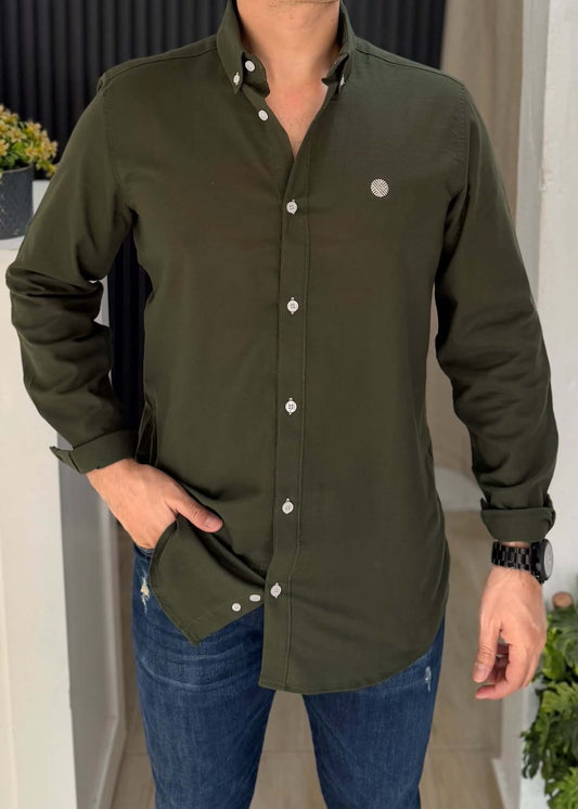 Camisa Manga Larga Verde Militar de Lino para Hombre | Fresca, Transpirable y Cómoda