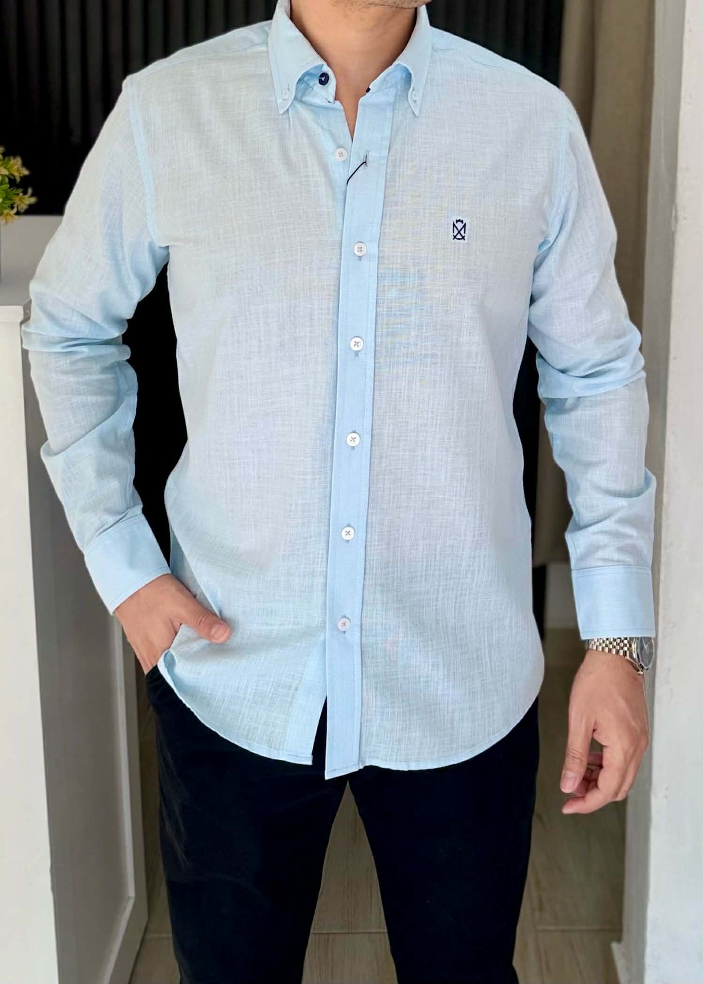 Camisa De Manga Larga LINO AZUL CIELO Para Hombre | Fresca y elegante