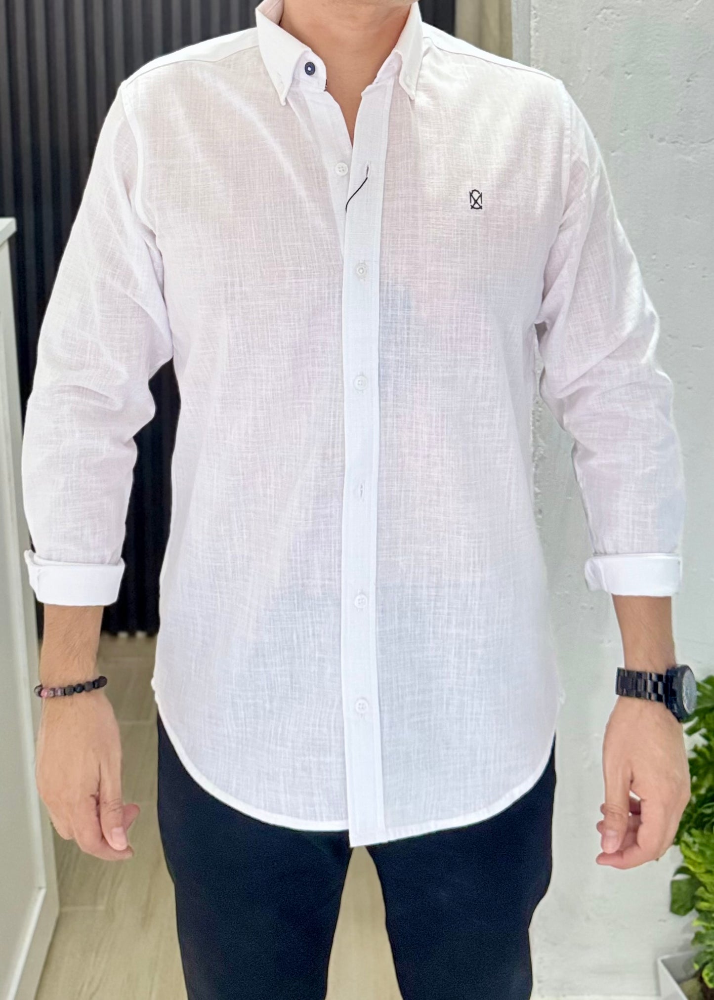 Camisa De Manga Larga Lino Blanco Hombre